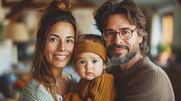 Porträt von ein Latein amerikanisch Familie mit Eltern und süß Kind Kleinkind Kind beim glücklich heim. KI-generiert foto