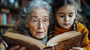 kaukasisch Alten Senior väterlich Oma und Enkelin ist lesen ein Buch im Bibliothek beim Zuhause zusammen. KI-generiert foto