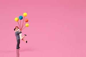Ein Paar, das Ballon auf rosa Hintergrundidee für Liebeskonzept steht und hält foto