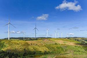 Windturbinenlandschaft natürliche Energie grünes Ökostromkonzept bei Windkraftanlagen bewirtschaften blauen Himmelshintergrund.