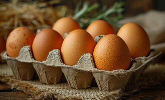 frisch Bauernhof Eier im Karton auf rustikal hölzern Tabelle foto