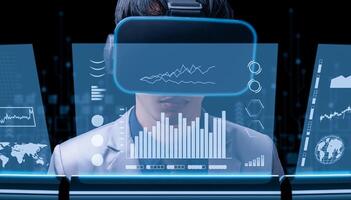 Geschäftsmann, der eine Brille über eine Brille verwendet, um das Geschäftsdiagramm VR-Brille virtuell global zu überprüfen foto