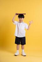 Porträt von bezaubernd asiatisch Junge posieren auf Gelb Hintergrund foto
