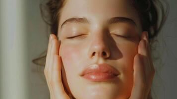 Nahansicht Foto von Frau mit frisch Haut zum fördern Hautpflege Anzeige