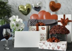 Karte mit Geschenkbox über Valentinstag, 3D-Stil. foto