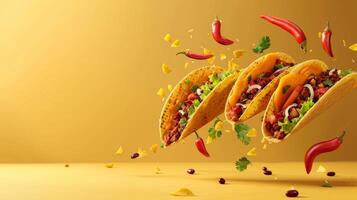 dynamisch Kopieren Raum mit schweben Taco Zutaten und Raum zum Mexikaner Essen branding foto