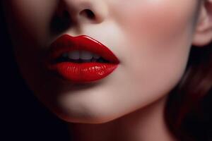 sexy weiblich Lippen mit rot Lippenstift Nahansicht. Konzept von weiblich Schönheit. Illustration foto