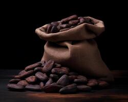 Kakao Bohnen im Tasche, schwarz Hintergrund mit Kopieren Raum foto