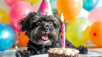 glücklich Terrier im Geburtstag Hut mit Geburtstag Kuchen foto
