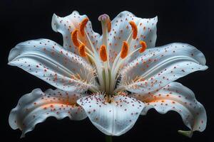 Nahansicht von ein Weiß Lilie mit Orange Flecken foto