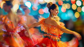 Sanft Fokus auf das verschwommen Hintergrund von ein kulturell tanzen zulassen das Tänzer zu scheinen im das Vordergrund foto