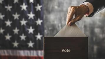 Präsidentschaftswahl Wahl im USA. des Mannes Hand Putten Abstimmung Papier im das Box mit Abstimmung Wort. amerikanisch Flagge auf Hintergrund foto