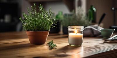 Aroma entspannend Soja Wachs Kerze im das Küche auf ein Tabelle mit basilisch Blätter Konzept Szene foto