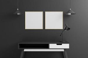 Set aus quadratischem Holzplakat oder Fotorahmenmodell mit Tisch im Wohnzimmer auf leerem schwarzem Wandhintergrund. 3D-Rendering. foto