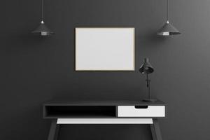 horizontales Holzplakat oder Fotorahmenmodell mit Tisch im Wohnzimmer auf leerem schwarzem Wandhintergrund. 3D-Rendering. foto
