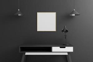 Quadratisches Holzplakat oder Fotorahmenmodell mit Tisch im Wohnzimmer auf leerem schwarzem Wandhintergrund. 3D-Rendering. foto