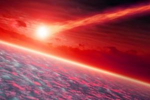 Hellrotes und rosa Kosmos-Meteoroiduniversum und Schwarzes Loch über Stern auf Schwarz foto