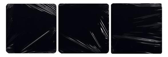 Sammlungssatz Frischhaltefolie Textur für Overlay. faltig gestreckter plastischer Effekt. transparente Plastikfolie auf schwarzem Hintergrund.