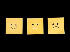 einige Arten von Ausdrücken oder Emotionen sind auf gelben Haftnotizen auf schwarzem Hintergrund gezeichnet. Lächeln, flach und traurig. foto