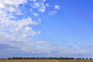 große weiße wolken schweben am blauen himmel über dem horizont des feld- und waldgürtels. foto