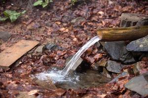 Wasserquelle zwischen Steinen und Laub foto