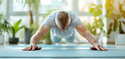 Mann üben Yoga beim Zuhause auf ein Blau Matte mit Grün Pflanzen im das Hintergrund. Fokus auf Wohlbefinden, Fitness, und Gesundheit. foto