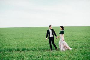der Bräutigam im braunen Anzug und die Braut im elfenbeinfarbenen Kleid auf grüner Wiese foto