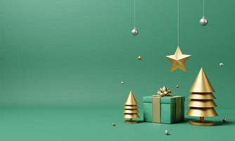 Weihnachtsdekoration und Ornament mit goldenem Weihnachtsbaum und Schneeflocke auf isoliertem grünem Hintergrund. Ferienfestival und Minimalismus-Objektkonzept. 3D-Darstellung Rendering foto