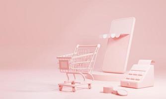 Online-Shopping- und Lieferkonzept mit Kopienraum auf rosafarbenem Pastellhintergrund. E-Commerce-Shop für Geschäft und Lieferung. 3D-Darstellung Rendering foto