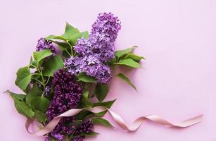 Flieder im flachen Stil auf rosa Hintergrund. schöner Frühling. Ansicht von oben. flach liegend, oben. Sommersaison. natürlicher Frühlingsstil. foto