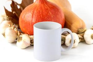 Modell einer weißen Tasse, Kürbisse und Knoblauch auf weißem Hintergrund foto