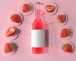 eine Flasche, die verwendet wird, um Erdbeersaft mit Erdbeeren zu enthalten. foto