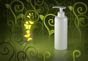 Pumpflasche für Creme oder Parfüm auf grünem Hintergrund. foto