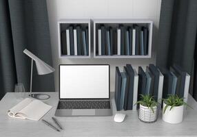 Büroraum mit Laptop auf dem Tisch, 3D-Stil. foto