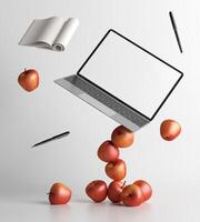 Laptop mit Apfel, Stift und einem Buch auf weißem Hintergrund, 3D-Stil. foto