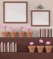 Wohnzimmer mit Rosentöpfen und Regalen dekoriert. foto
