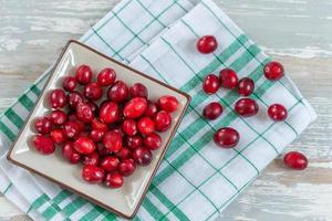 frische Cranberries Früchte in rustikaler asiatischer Schüssel auf altem grünem Holzhintergrund und Tageslicht