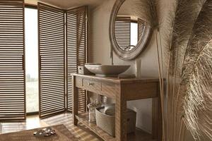 boho skandinavischer stil im wohninnenhintergrund. beiges Badezimmer mit Naturholzmöbeln. 3D-Rendering. 3D-Darstellung.