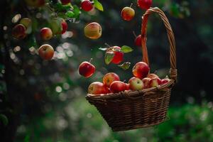 ein Korb voll von Äpfel fallen von das Baum Hintergrund foto