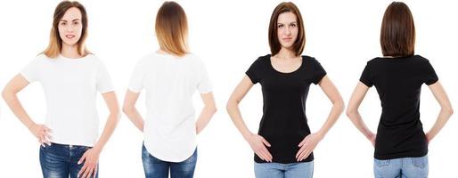 Frau im weißen T-Shirt und brünettes Mädchen im schwarzen T-Shirt isoliert auf weißem Hintergrund Vorder- und Rückansicht, Mockup, Kopierraum. foto