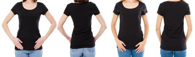 Zwei Frauen im schwarzen T-Shirt beschnittenes Bild Vorder- und Rückansicht, T-Shirt-Set, Mockup-T-Shirt leer foto