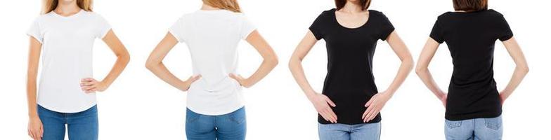 Frau im weißen und schwarzen T-Shirt isoliert Vorder- und Rückansicht beschnittenes Bild leere T-Shirt-Optionen, Mädchen im T-Shirt-Set. Attrappe, Lehrmodell, Simulation. Shirt-Design und People-Konzept. foto