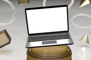 Laptop-Computerbildschirmmodell über dem Dreifachzylindersockel mit Hintergrundanzeige der Produktpräsentationsbühne durch 3D-Rendering foto