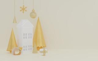 3D-Rendering von Gold Frohe Weihnachten auf gelbem Hintergrund mit Ornament foto