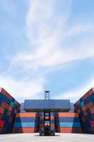 Gabelstapler heben Frachtcontainer im Versandhof oder Dockhof mit Frachtcontainerstapel im Hintergrund für das Versandkonzept. foto