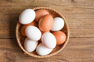 Hühnereier und Enteneier sammeln von natürlichen Produkten vom Bauernhof in einem Korb gesundes Ernährungskonzept frisches Ei foto