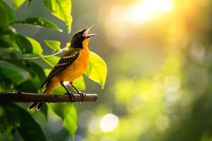 melodisch Pirol Singen auf ein sonnig Ast im ein Wald. Hintergrund Natur foto