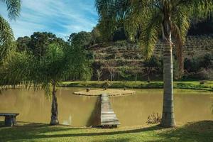Holzsteg zu einer kleinen Insel im Teich von einem hübschen Garten mit Rasen und Palmen in der Nähe von Bento Goncalves. eine freundliche Landstadt im Süden Brasiliens, die für ihre Weinproduktion bekannt ist. foto