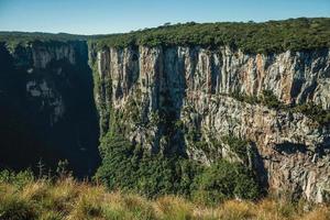 itaimbezinho canyon mit steilen Felsklippen, die durch ein flaches, von Wald bedecktes Plateau in der Nähe von Cambara do Sul führen. eine kleine landstadt im süden brasiliens mit erstaunlichen natürlichen touristenattraktionen. foto