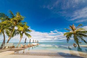 Outdoor-Tourismus-Landschaft. luxuriöses Strandresort mit Swimmingpool und Strandkörben oder Liegen unter Sonnenschirmen mit Palmen und blauem Himmel. Sommerreise- und Urlaubshintergrundkonzept foto